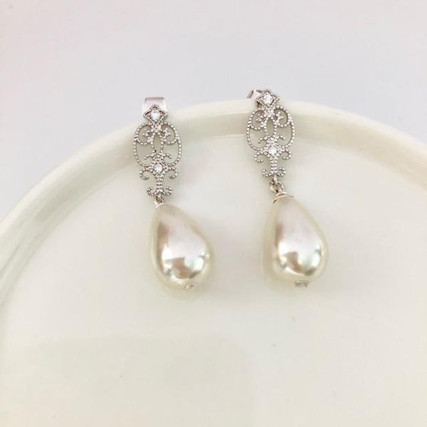 Silver Vintage Bridal Teardrop Pearl Earrings